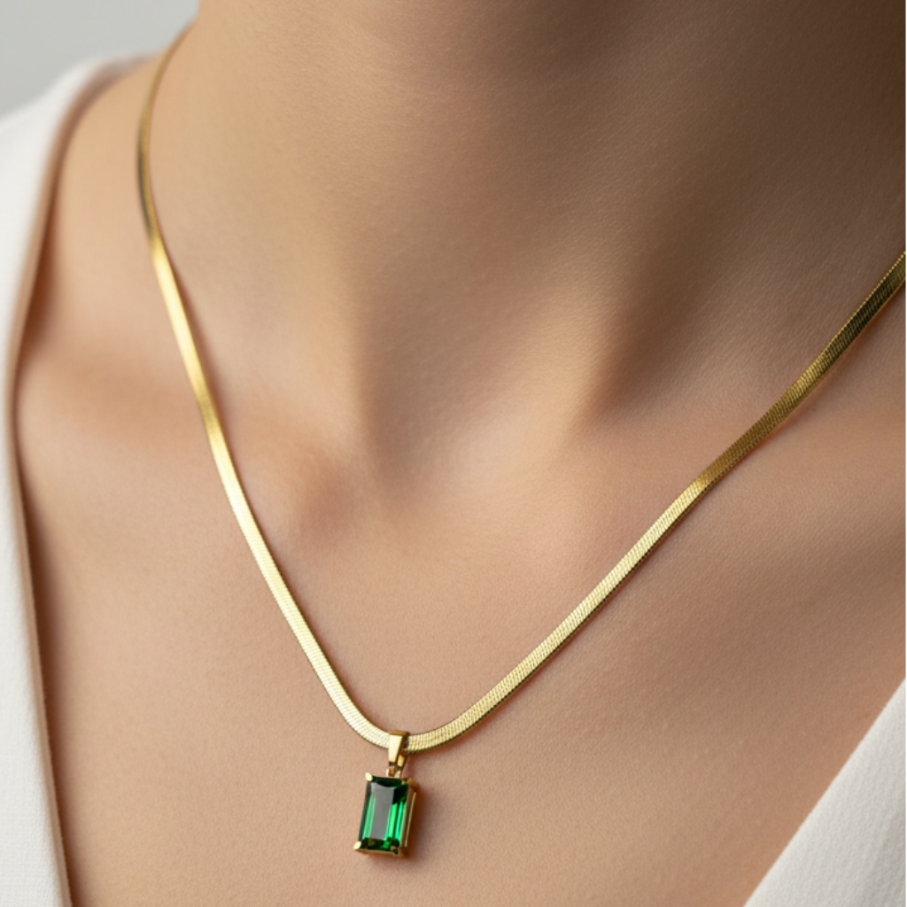 Emerald Pendant Necklace on Model Close-Up