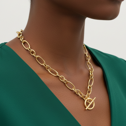 Gold Figaro Toggle Necklace Afro Model Side View