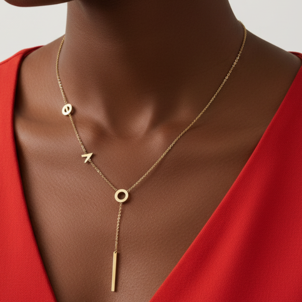 Gold Lariat Necklace Afro Model Red Top Square