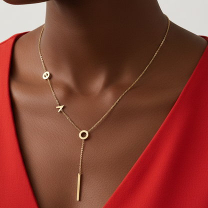 Gold Lariat Necklace Afro Model Red Top Square