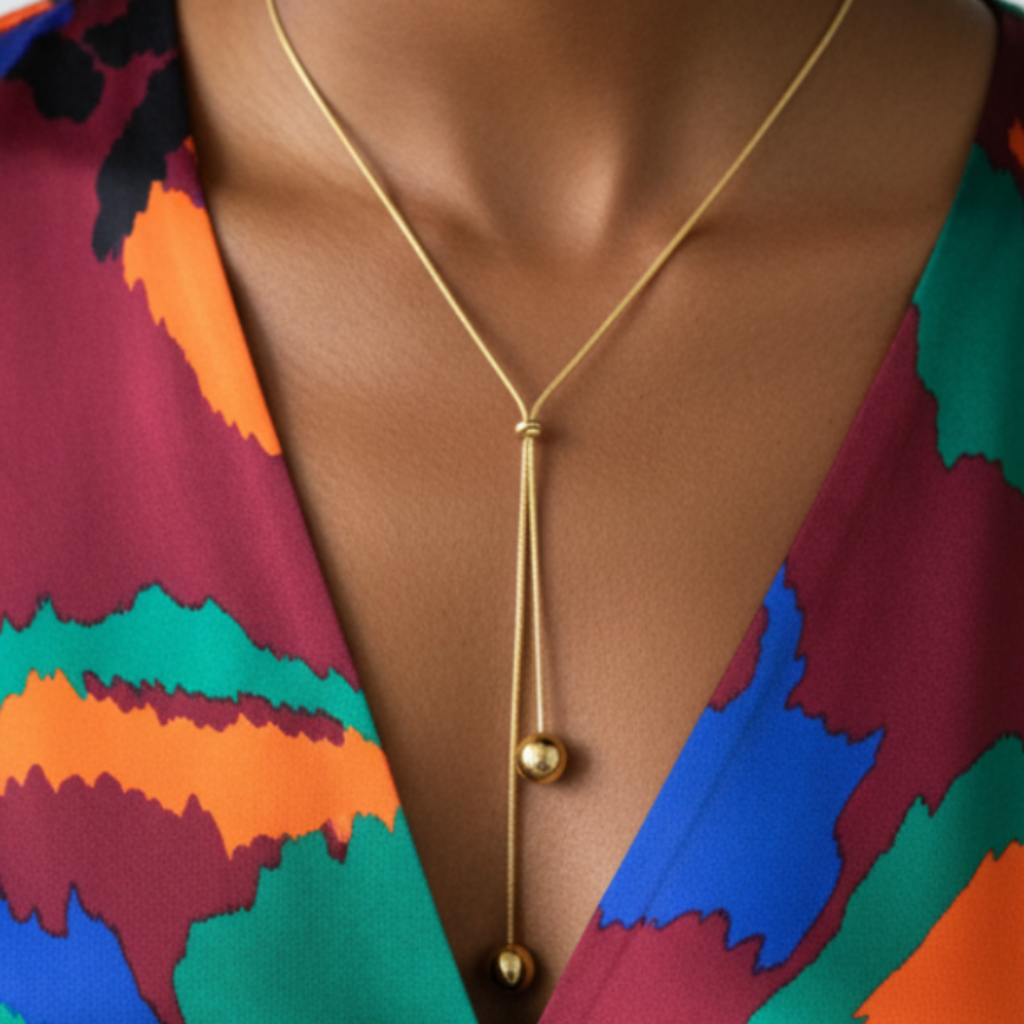 Gold Lariat Necklace on Afro Model