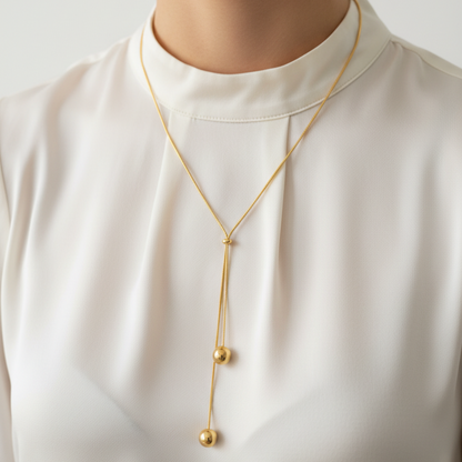 Gold Lariat Necklace on Model