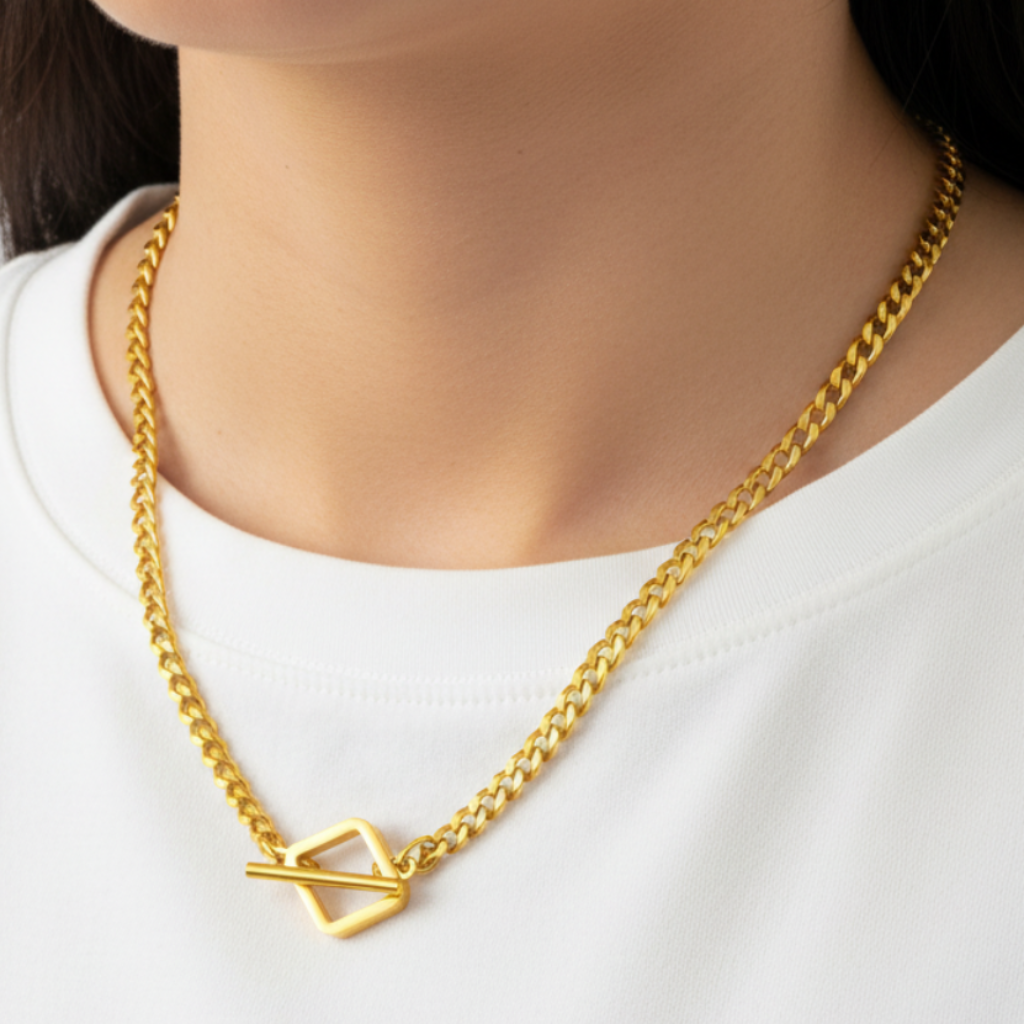 Gold Rhombus Toggle Necklace on Model