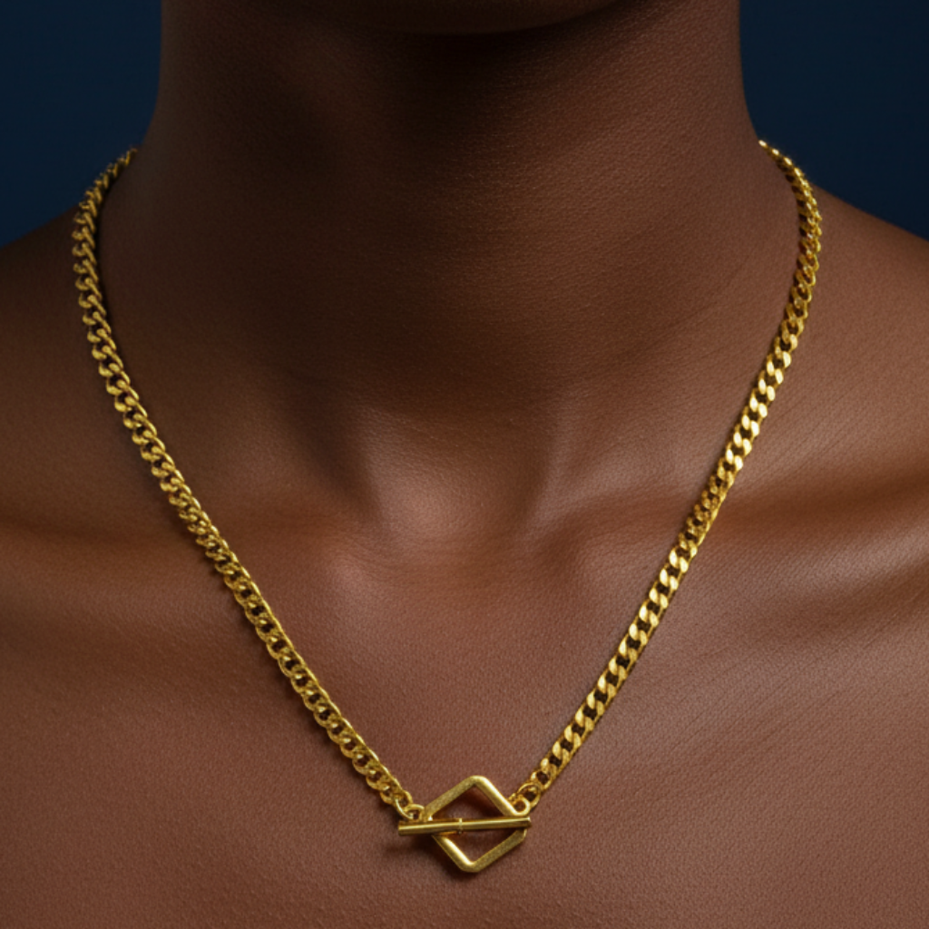 Gold Toggle Necklace Full Length on Afro Model