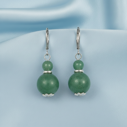 Green Aventurine Bead Dangle Earrings - Medium Green