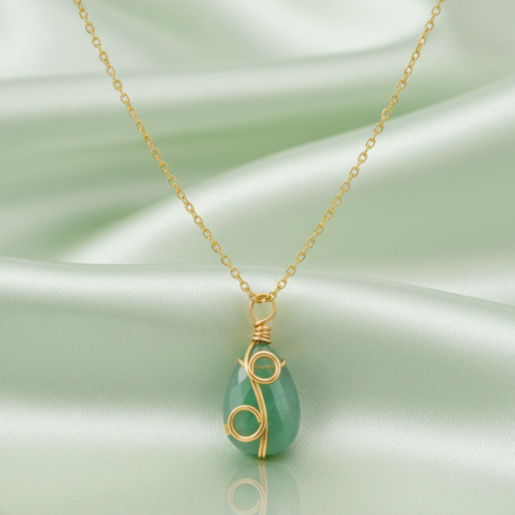 Green Aventurine Smooth Teardrop Necklace on Satin