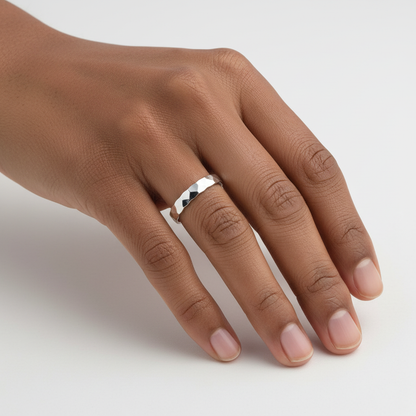 Hammered Silver Band Ring - Afro Model Hand