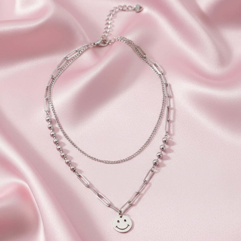 Happy Face Necklace - Pink Satin