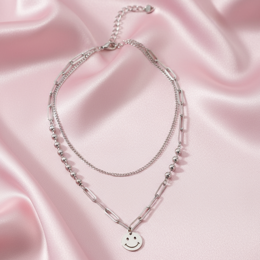 Happy Face Necklace - Pink Satin