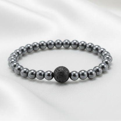 Hematite & Lava Stone Bracelet - Light Satin Background
