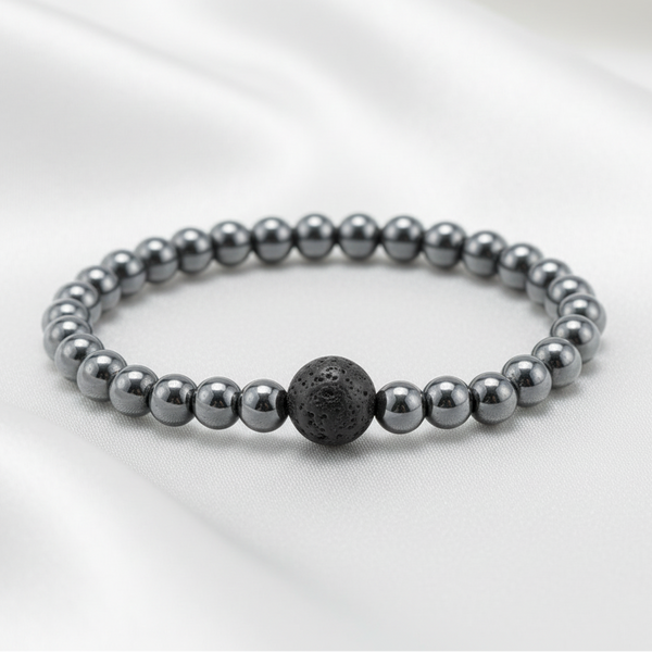 Hematite & Lava Stone Bracelet - Light Satin Background