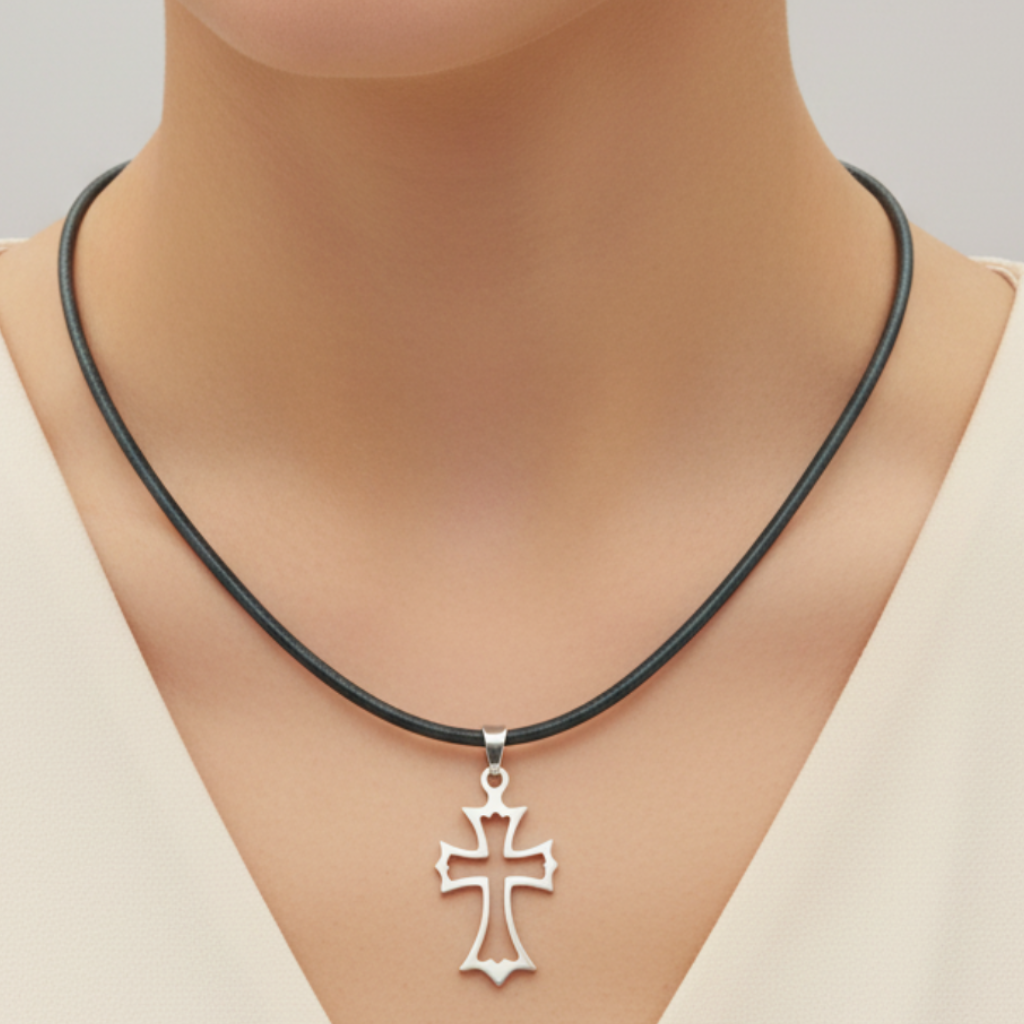 Hollow Cross Necklace on Female Model