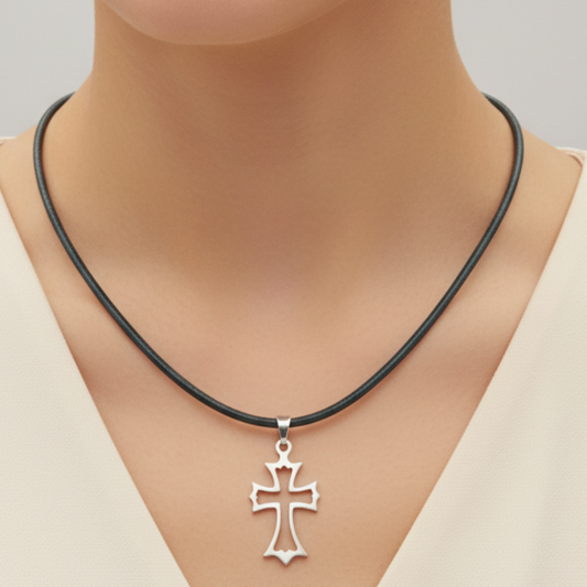 Hollow Cross Necklace on Female Model