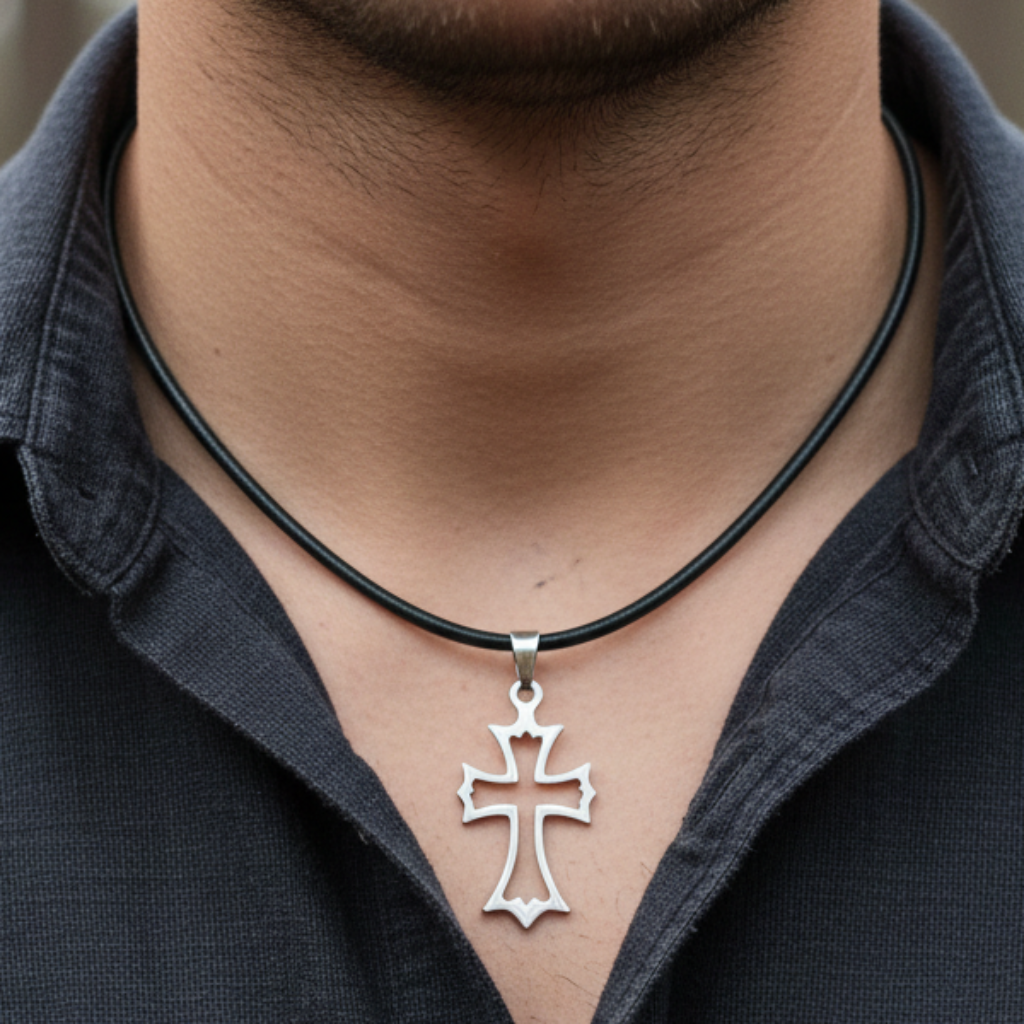 Hollow Cross Necklace on Male Model - Dark Shirt