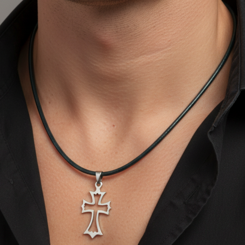 Hollow Cross Necklace on Male Model