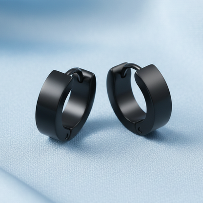 Huggie Hoops Black - Light Blue Satin