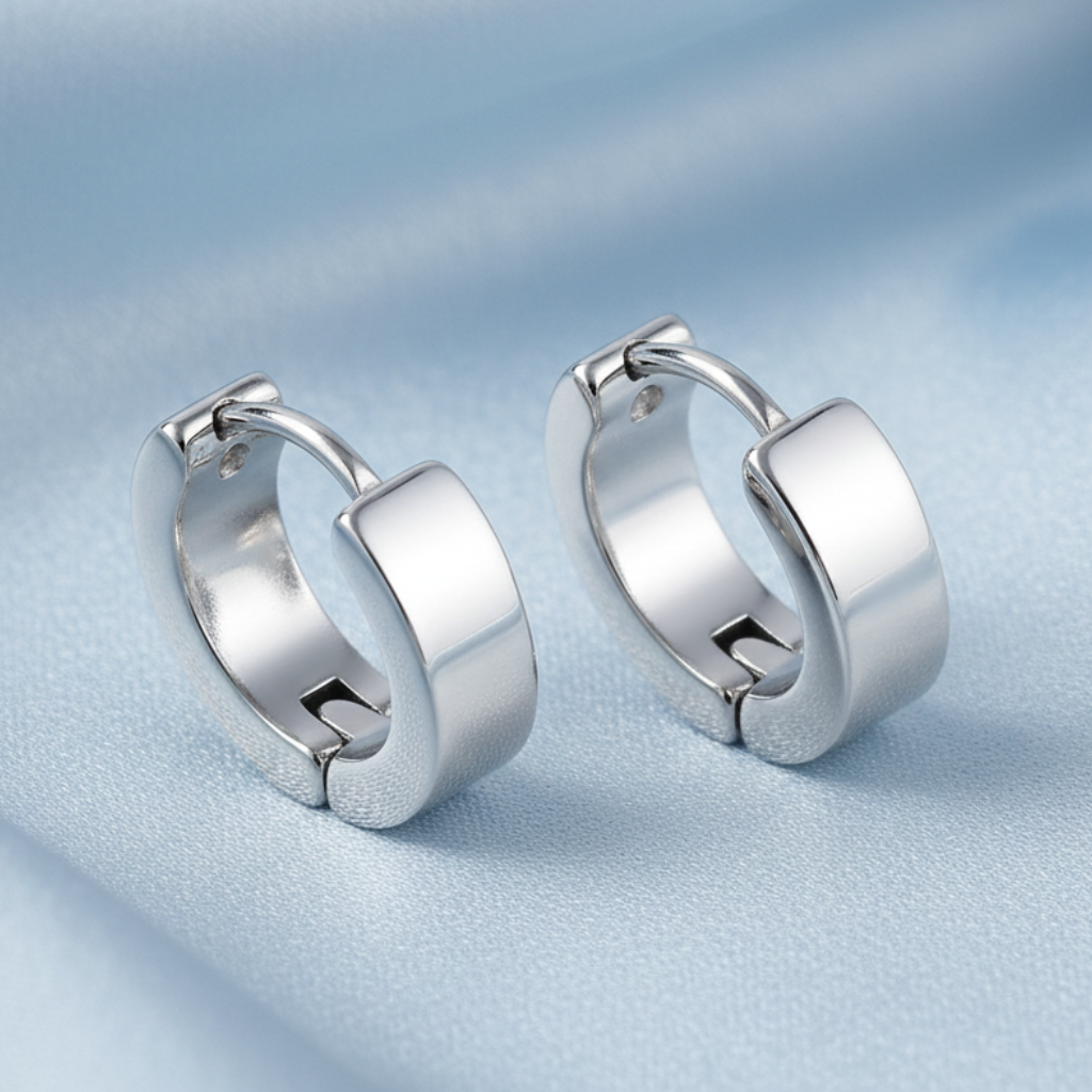 Huggie Hoops Silver - Light Blue Satin