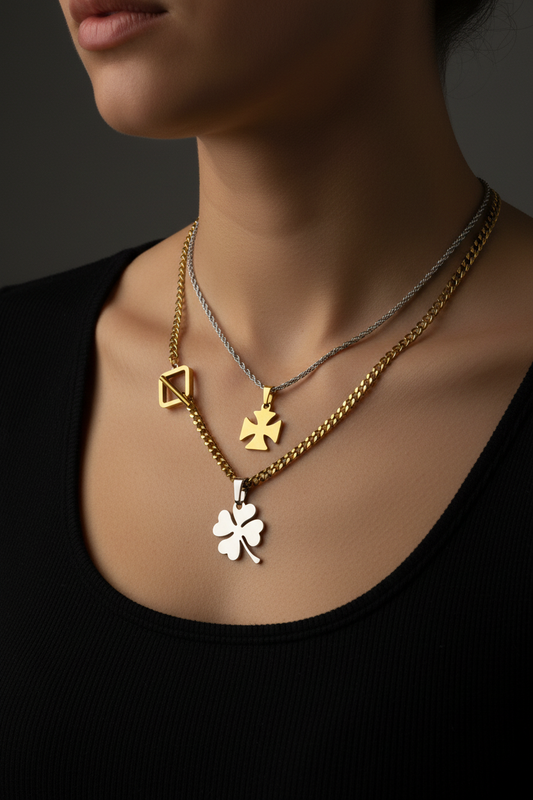 Model wearing layered necklace set — black top, moody studio lighting