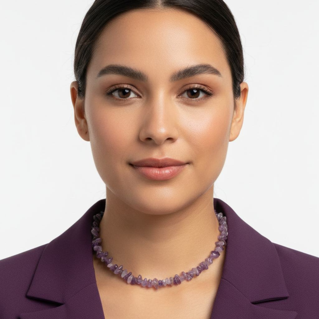 Amethyst chip necklace - latina model purple blazer