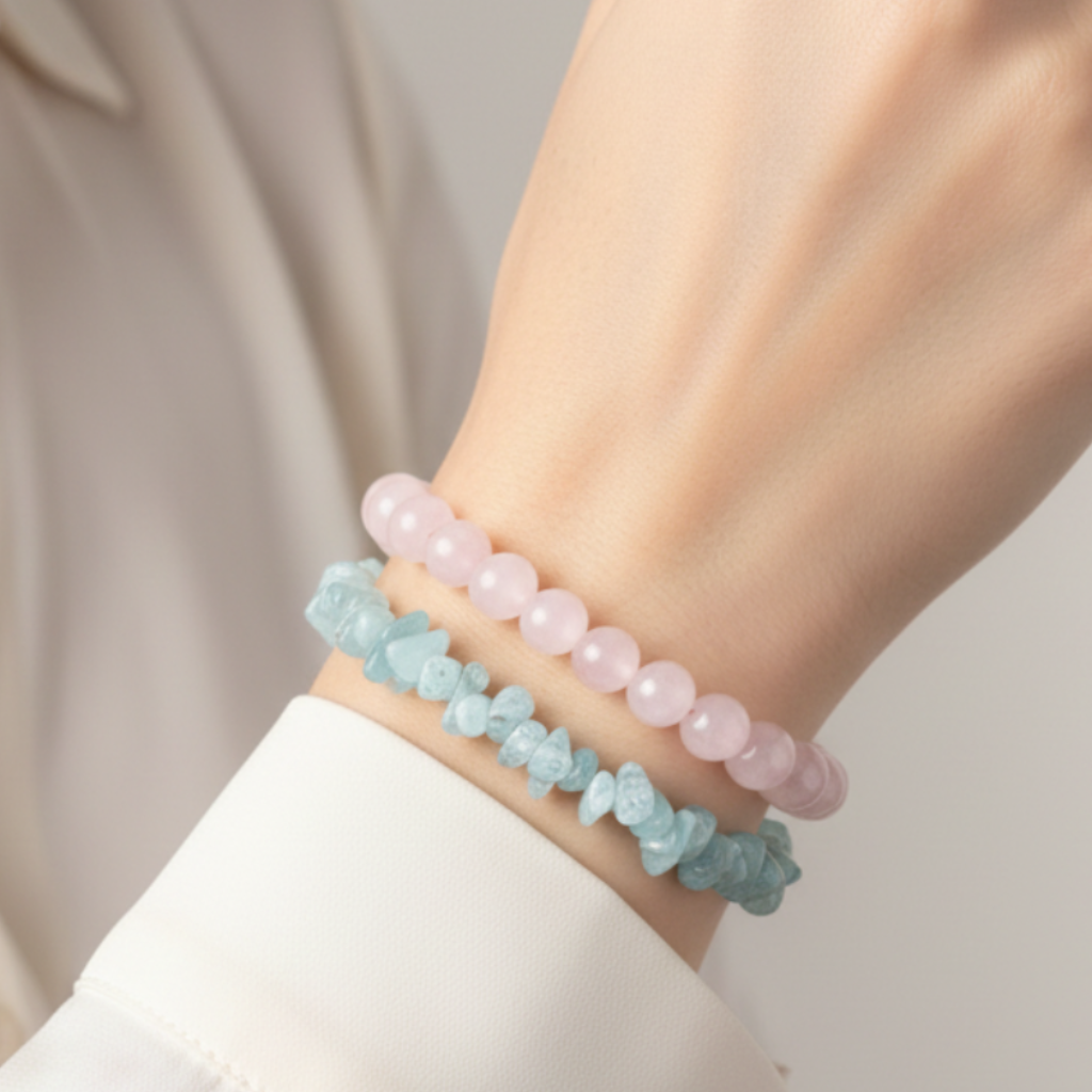 Rose Quartz and Aquamarine bracelet set on model wrist