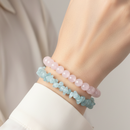 Rose Quartz and Aquamarine bracelet set on model wrist