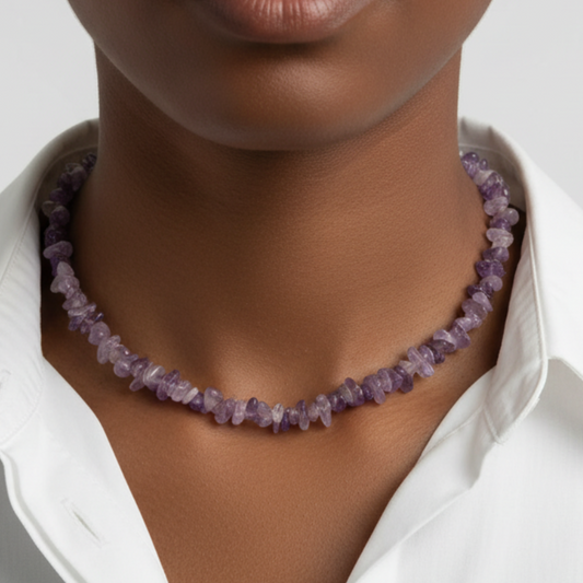 Amethyst chip necklace - afro model white shirt