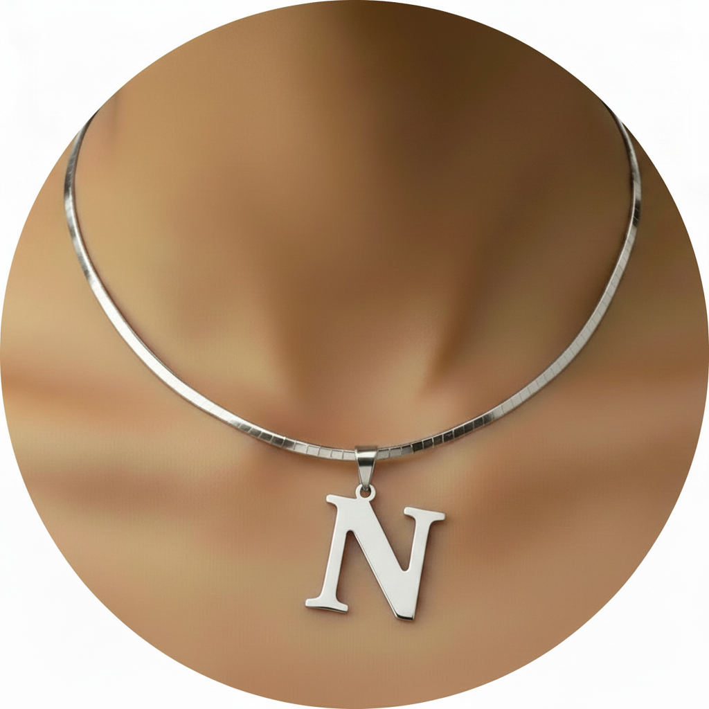 Initial Letter N Silver Square White