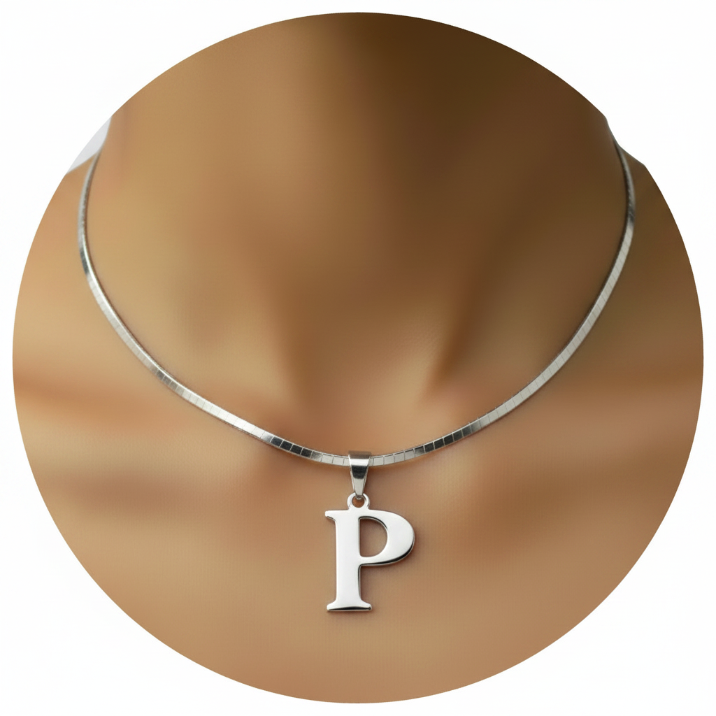 Initial P necklace silver 3mm Italian omega chain