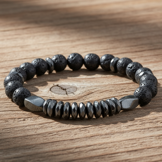 Lava rock bracelet on wooden surface