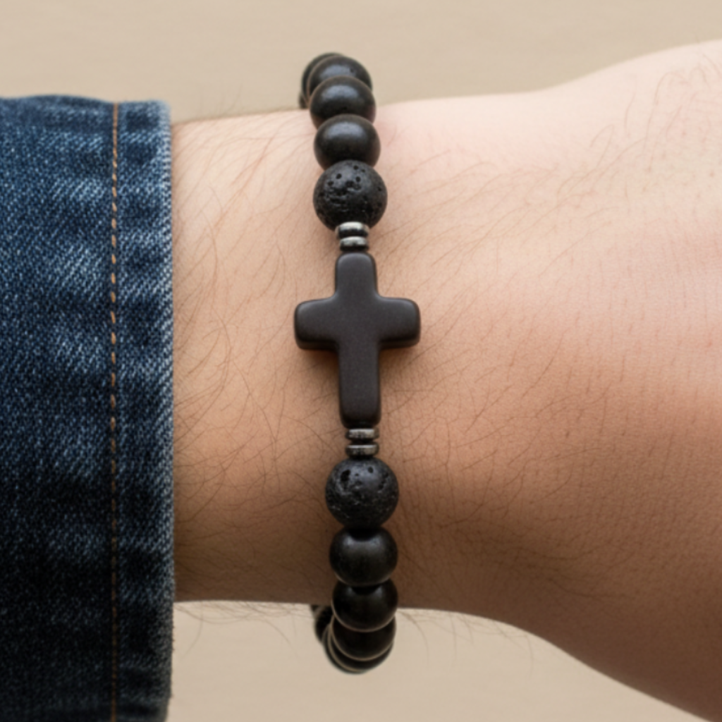 Lava Stone Cross Bracelet Denim