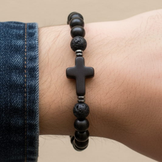 Lava Stone Cross Bracelet Denim