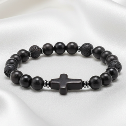 Lava Stone Cross Bracelet - Fondo Satinado Claro