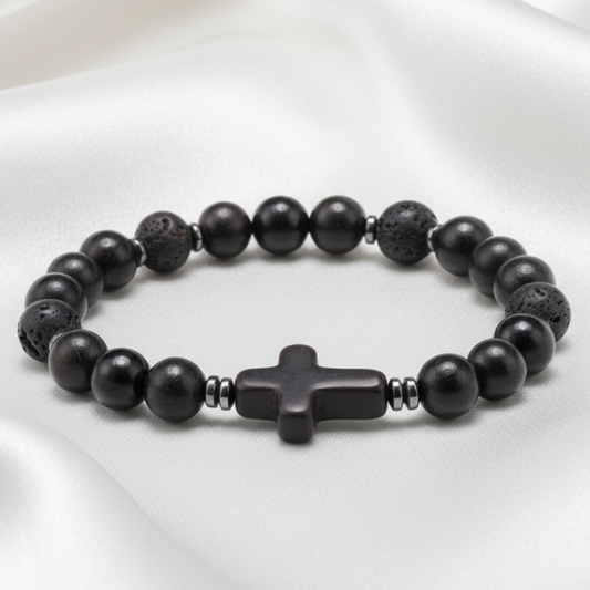 Lava Stone Cross Bracelet - Fondo Satinado Claro