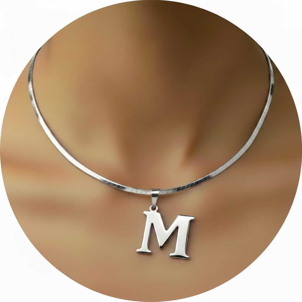 Letter M Silver Necklace on Model