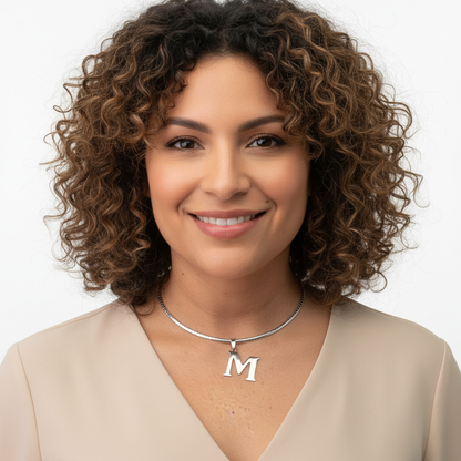 Letter M Silver Omega Chain - Model Face Reference