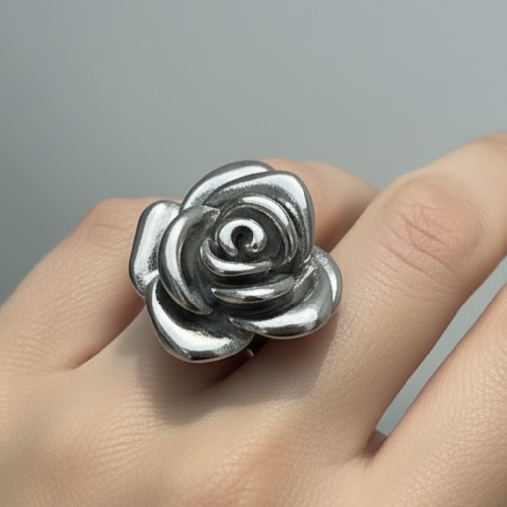 Lighter Stainless Steel Rose Ring on Ring Finger