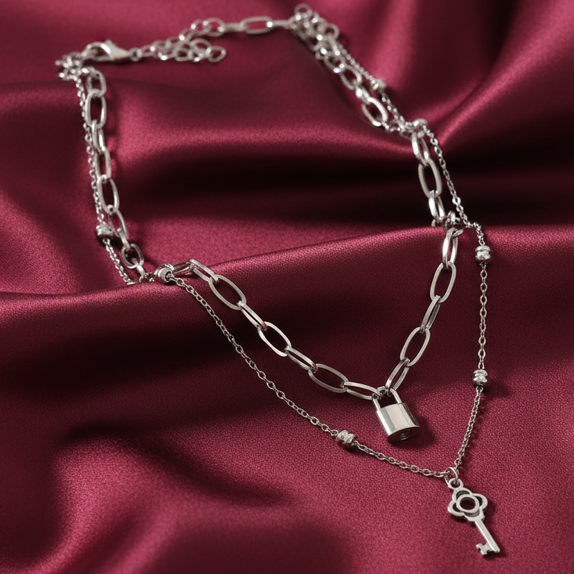 Lock and key necklaces on satin background