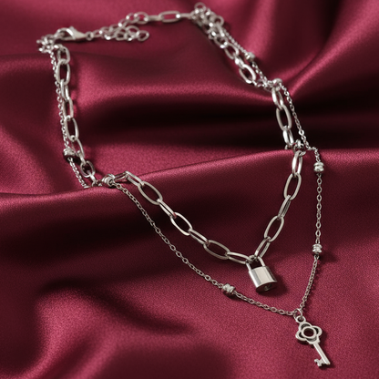 Lock and key necklaces on satin background