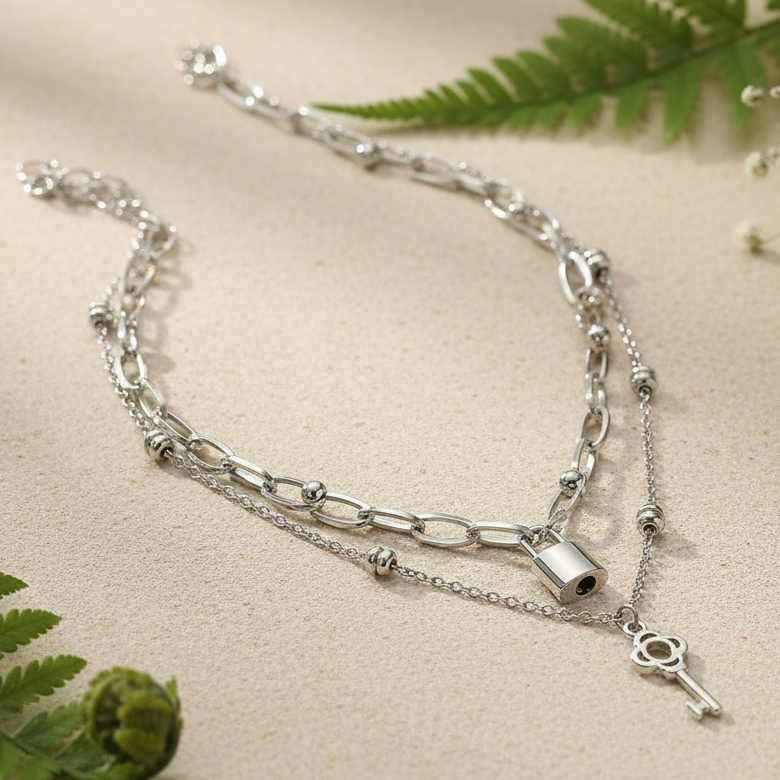 Lock and key necklaces with simple nature background