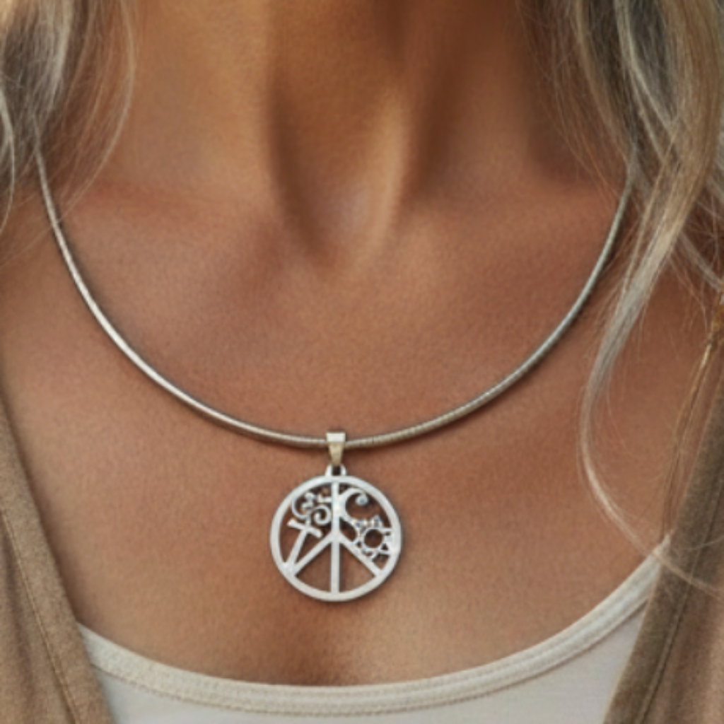 Mature American bohemian woman wearing shorter coexist spiritual peace necklace