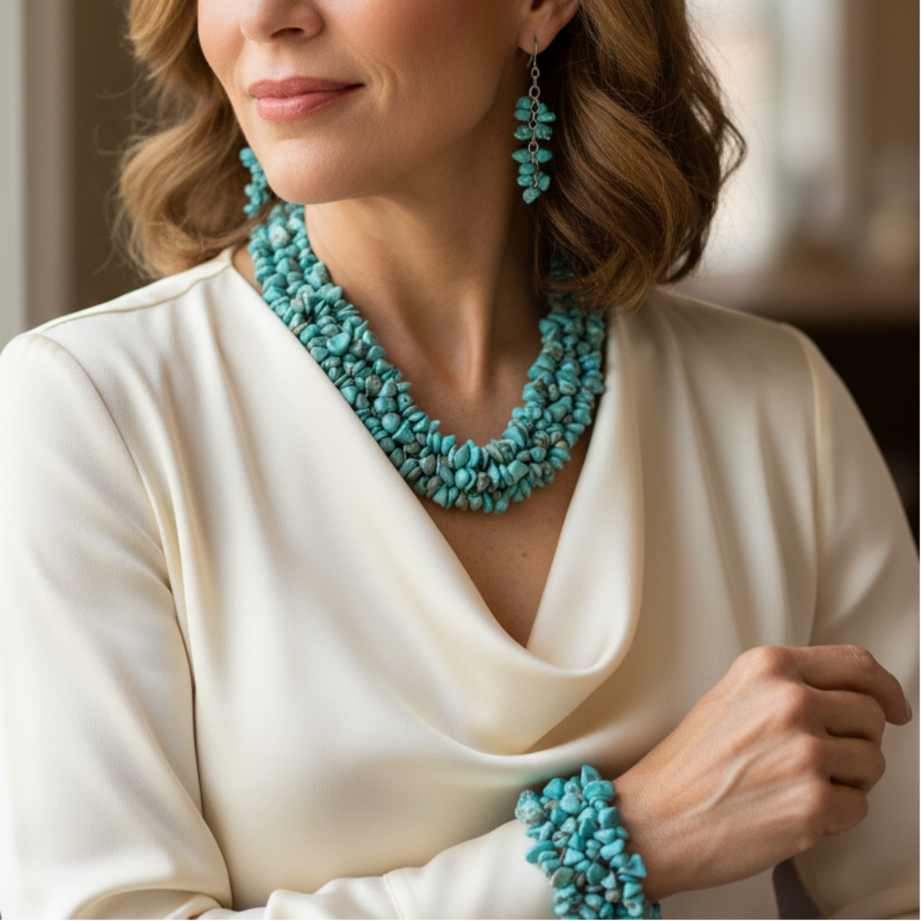 Mature American woman wearing turquoise jewelry set with medium length necklace