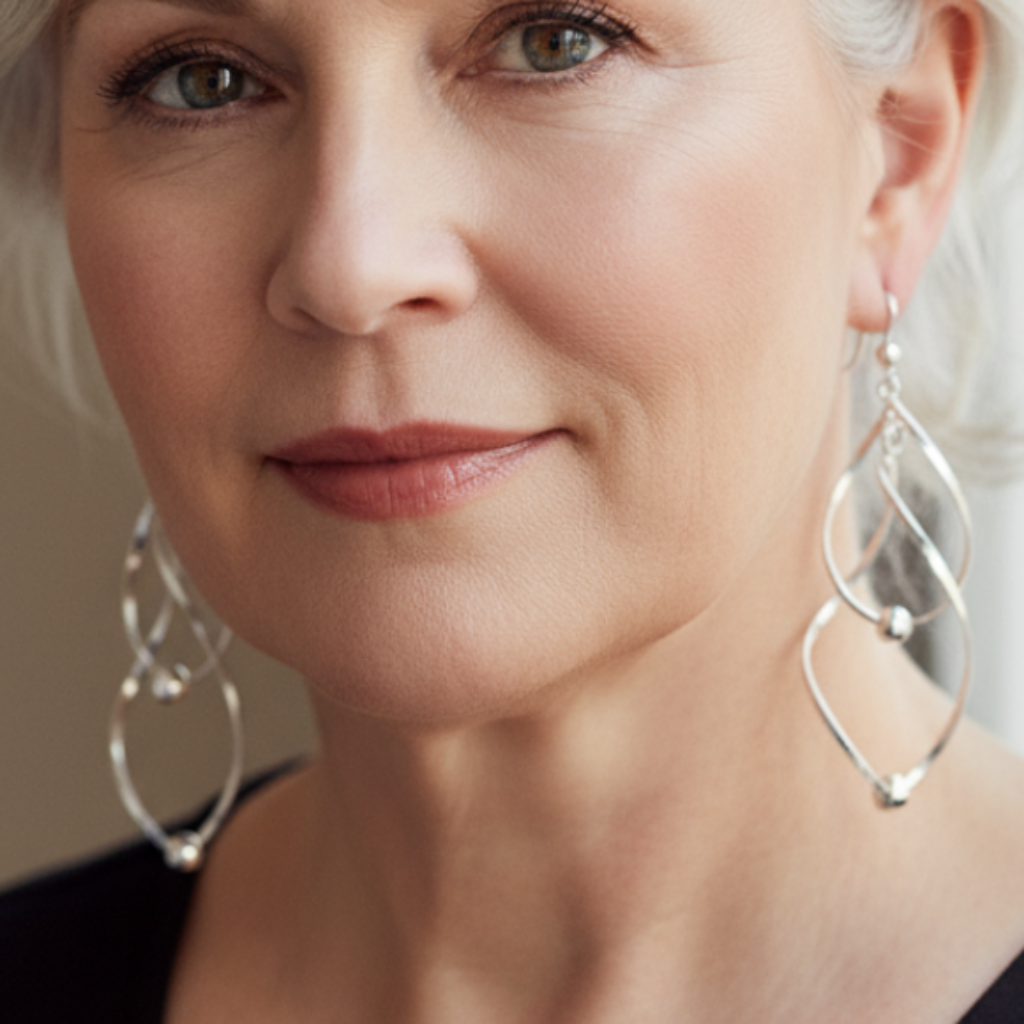Mature plus-size model with short white hair wearing twisted earrings