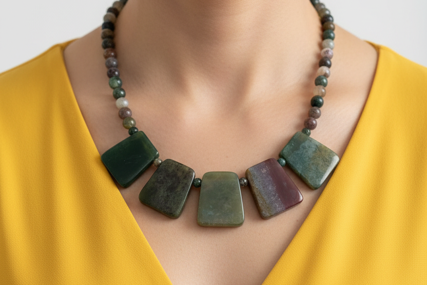 Model in Yellow with Indian Agate Necklace