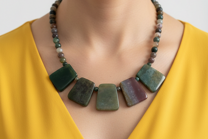 Model in Yellow with Indian Agate Necklace