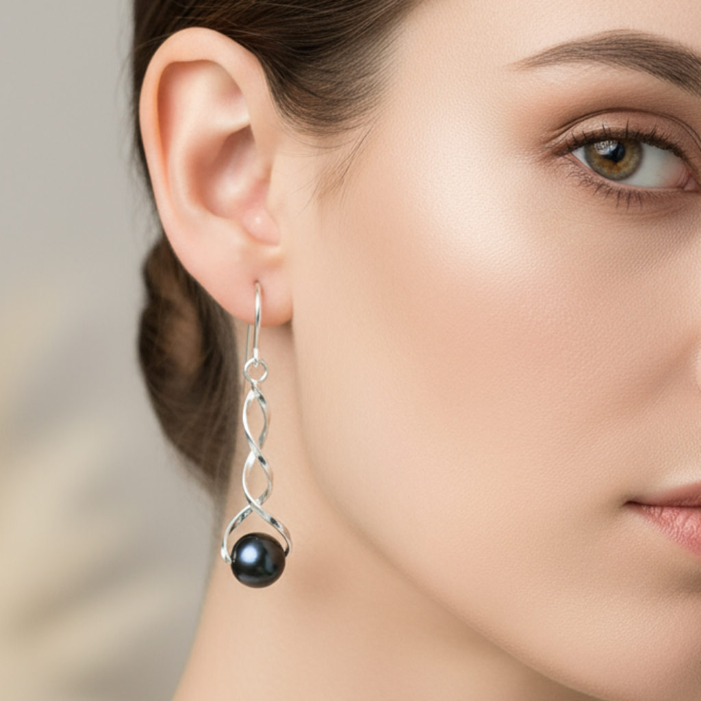 Model wearing black pearl earrings