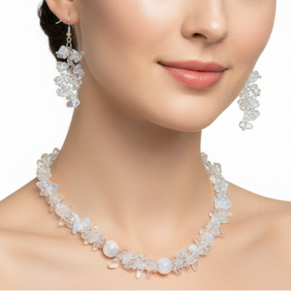 Model wearing complete opalite necklace and crystal earrings set