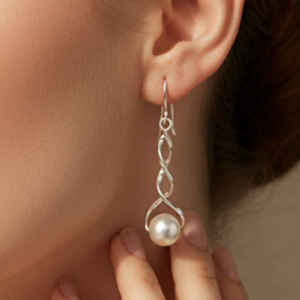 Model wearing pearl earrings