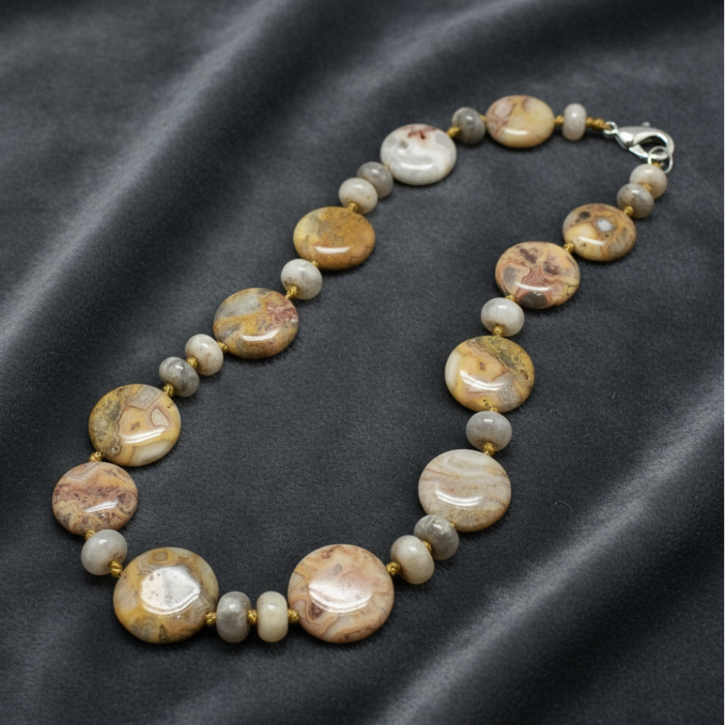 Necklace on fabric background