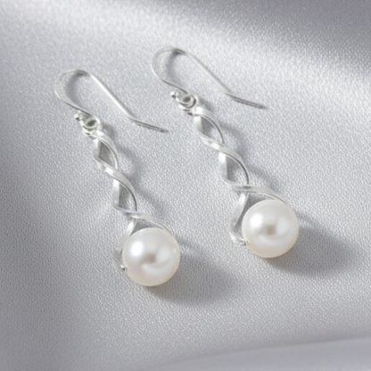 Freshwater Pearl Twisted Earrings | 925 Sterling Silver | White or Black | Dangle