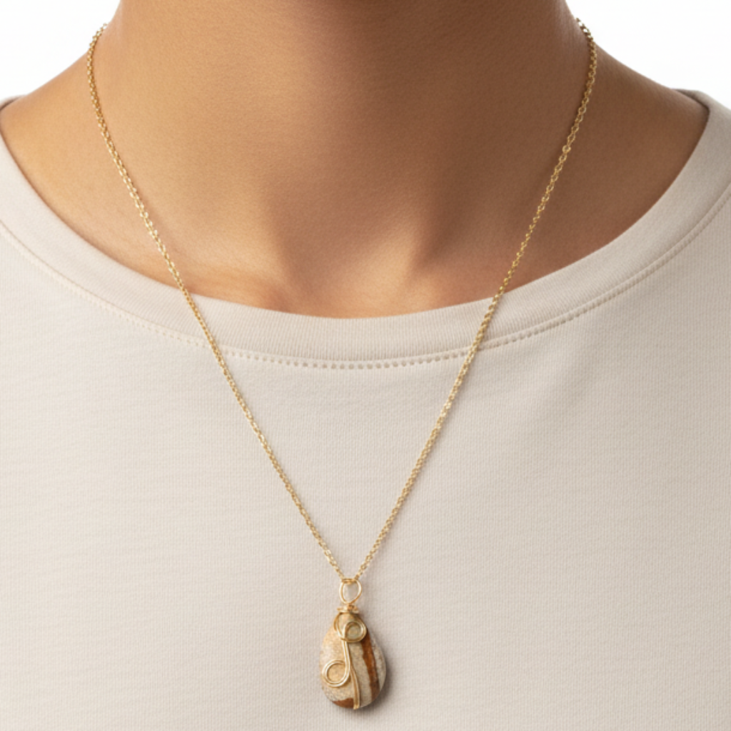 Picture Jasper Teardrop Necklace on Model - Correct Proportions - White Background